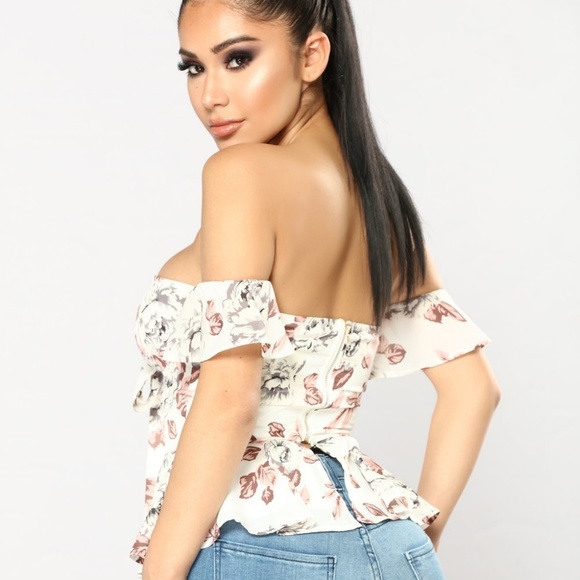 White floral nude mauve off shoulder peplum top XL - Picture 4 of 4